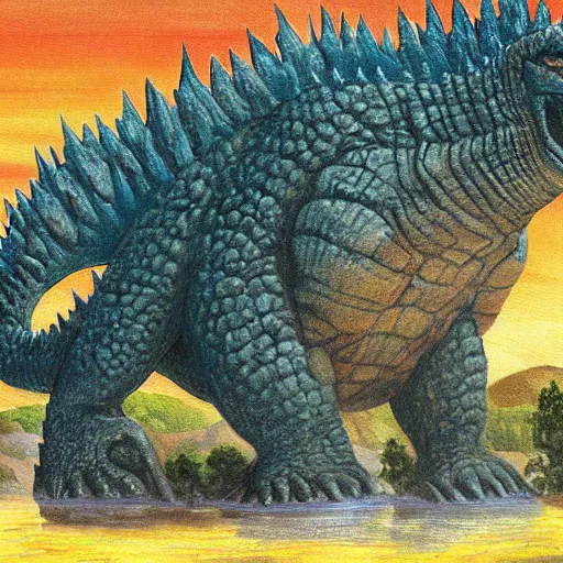 Prompt: paleoart painting of Godzilla in the style of Charles R. Knight