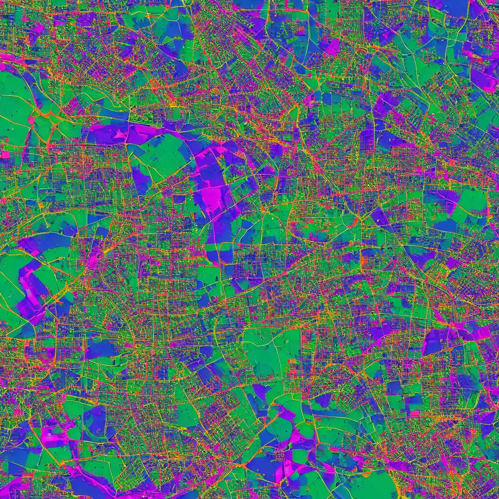 Prompt: very detailed, extremely colorful, GIS Remote Sensing map of cosmic cyberpunk high technology cities, avoid symmetry, broken google maps, open street maps, maxar, astral, 8K, cinematic, generative art, antialiasing, psychic, octane