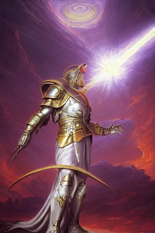 Image similar to holy paladin with light powers, by art by thomas cole and wayne barlowe highly detailed, 8 k, hdr, close up, smooth, sharp focus, high resolution, award - winning photo