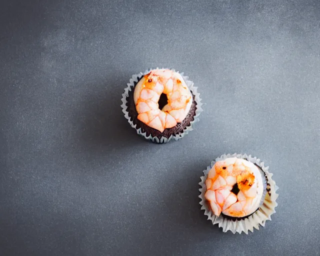 Image similar to dslr food photograph of a cupcake with a shrimp on top, 8 5 mm f 1. 4