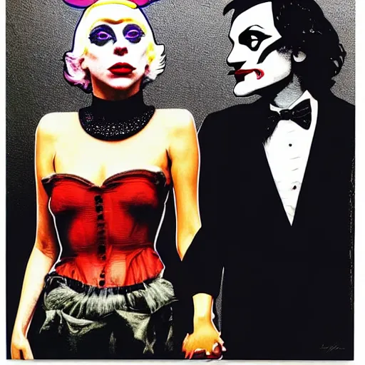 Image similar to richard hamilton and mimmo rottela and banksy as joaquin phoenix skinny joker holding hand lady gaga harley queen, ultra photorealistic, intricate details, pop art style, baroque, hyperdetailed, concept art, ultrarealistic, 3 colors, smooth, sharp focus