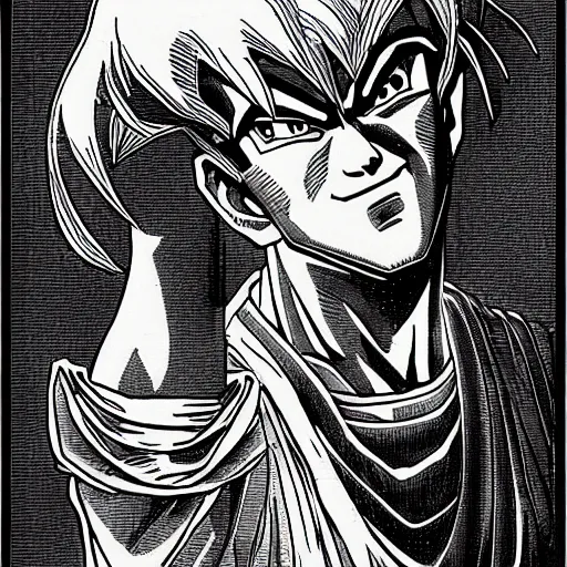 Image similar to franklin booth illustration of a man with sharp features from dragon ball z