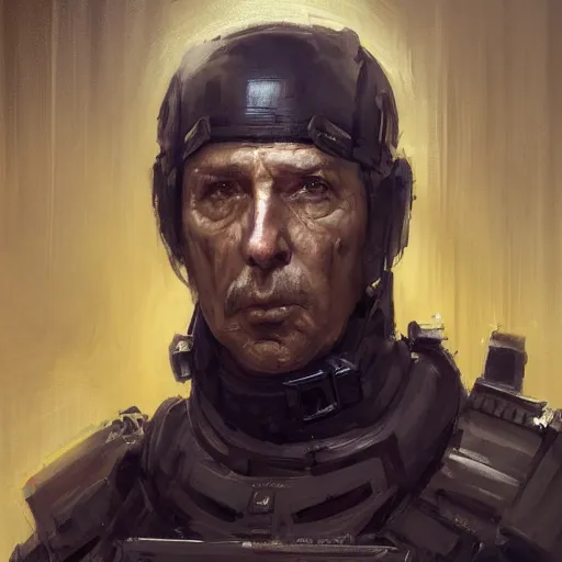 Image similar to Portrait of a man by Greg Rutkowski, he is about 60 years old, short black hair with bangs, his features are a mix between French, Turkish and Russian, expression of contempt, sorrow and resignation, he is wearing a futuristic tactical gear, highly detailed portrait, digital painting, artstation, concept art, smooth, sharp foccus ilustration, Artstation HQ.