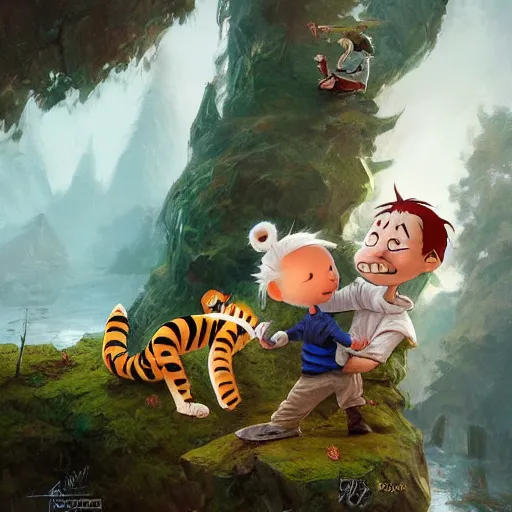 Image similar to Calvin and Hobbes in a fantasy realm, made by Stanley Artgerm Lau, WLOP, Rossdraws, ArtStation, CGSociety, concept art, cgsociety, realistic, foto realism, octane render, trending on artstation, artstationHD, artstationHQ, unreal engine, 4k, 8k,