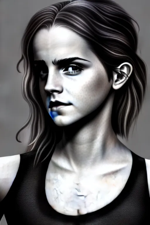 Image similar to photography emma watson wearing black tight jeans and black tight tshirt, curvy, attractive, beautiful detailed face, whole body photography, deep focus, d & d, fantasy, complex, elegant, highly detailed, digital painting, artstation, concept art, matte, clear focus, illustration, hearthstone, artgerm art, greg rutkovsky and alphonse mucha