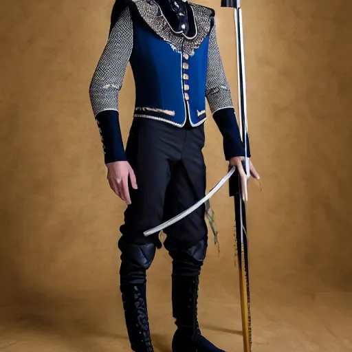 Prompt: medium shot of adult Austin Butler dressed in futuristic-baroque prussian blue duelist-garb with Griffin-Ram embroidery emblem, and nanocarbon-vest and greaves, standing in an arena in Dune 2020, XF IQ4, f/1.4, ISO 200, 1/160s, 8K, RAW, unedited, symmetrical balance, face in-frame