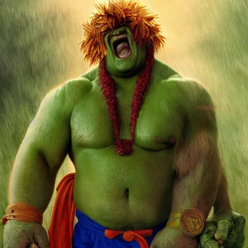 Prompt: chris farley as blanka from street fighter with green skin and orange body hair, flexing, ultra realistic, concept art, intricate details, eerie, highly detailed, photorealistic, octane render, 8 k, unreal engine. art by artgerm and greg rutkowski and magali villeneuve and alphonse mucha