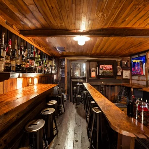Prompt: the bar of mike's cabin is a small, cramped space with a low ceiling. the walls are lined with shelves of liquor bottles, and there is a small bar area with a few stools. the atmosphere is very loud and rowdy, and the clientele is mostly young men.