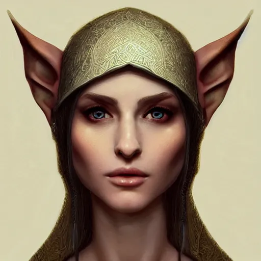 Image similar to beautiful hyper realistic portrait of a female elf wizard, focus on face, fantasy, medieval, elegant, soft, feminine,intricate details, cinematic, trending on artstation, in the style of D&D