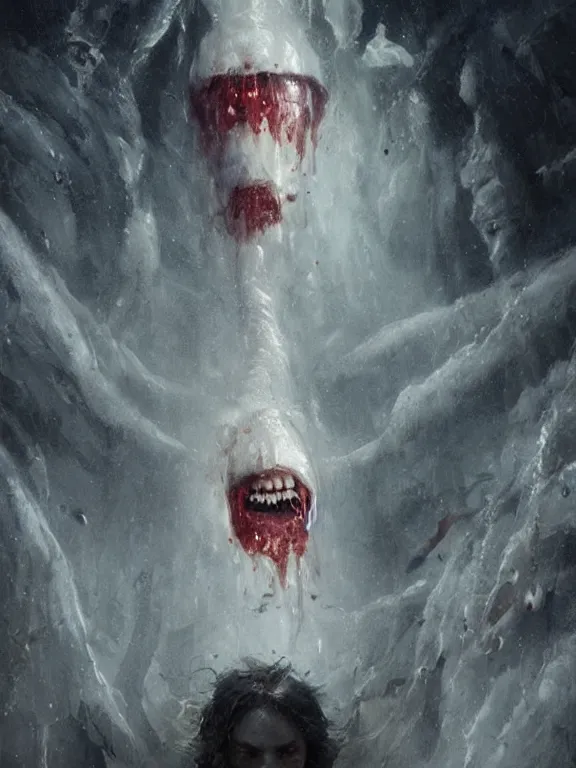 Prompt: painting by greg rutkowski a flying human head with tears running down it's face face that is chalk white in color, with long white!! tentacles!! stemming from it's neck, fiery scorching red eyes, flying in a terrying hellish dark cavernous place