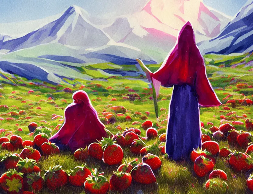 Prompt: priestess of chairs and strawberries in the icy mountains. gouache painting by indie concept artist, chiaroscuro, bokeh, backlighting, field of depth