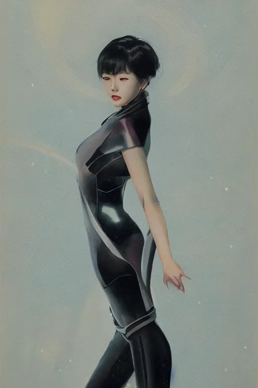 Image similar to Lee Jin-Eun by Vincent Di Fate, rule of thirds, seductive look, beautiful, in intergalactic hq
