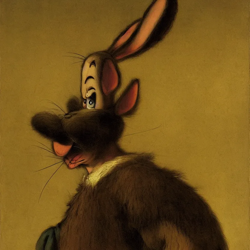 Prompt: A portrait of the cartoon character Bugs Bunny by Rembrandt van Rijn; masterpiece; masterpiece; masterpiece; masterpiece; masterpiece