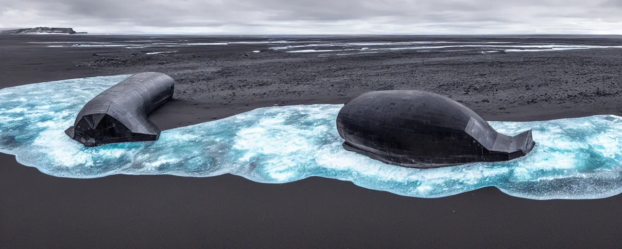 Image similar to cinematic shot of giant futuristic military spacecraft in the middle of an endless black sand beach in iceland with icebergs in the distance,, 2 8 mm