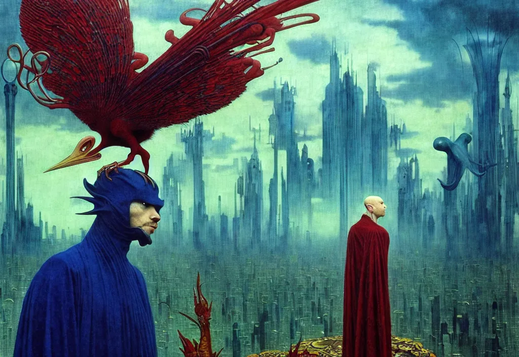 Image similar to realistic detailed portrait movie shot of a birdman wearing dark robes, sci fi city landscape background by denis villeneuve, amano, yves tanguy, alphonse mucha, ernst haeckel, max ernst, roger dean, masterpiece, rich moody colours, blue eyes, mysterious