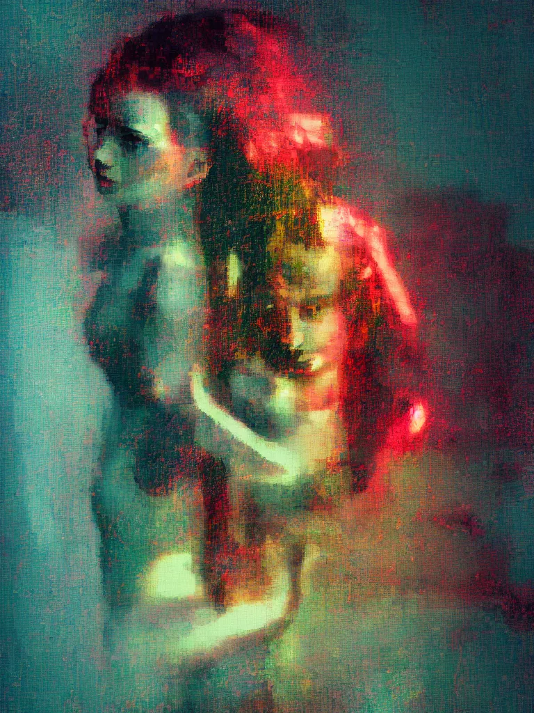 Image similar to a beautiful painting by mark tennant of a girl in a glitched bathroom, pixel sorting, color bleeding, brushstrokes by jeremy mann, flashlight shot