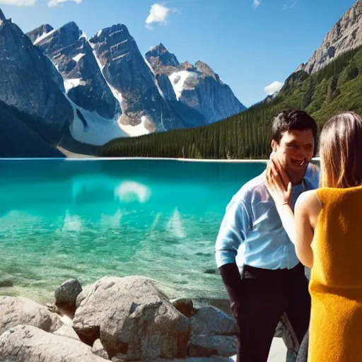 Prompt: a digital painting of a dark - haired man proposes to his blond wife next to a beautiful turquoise lake, mountain in the background, close - up