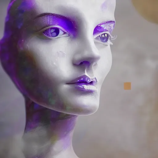 Image similar to abstract female face sculpture melting in white marble and amethyst crystals quartz, ethereal lights, fine details, film still, cinematic photoshooting, luxury, strong wind, dark mood, sad, liquid acrylic painting, optical cables, cold colors, golden filigree, lens flares, octane render