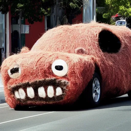 Prompt: hairy flesh covered car with eyes and a mouth