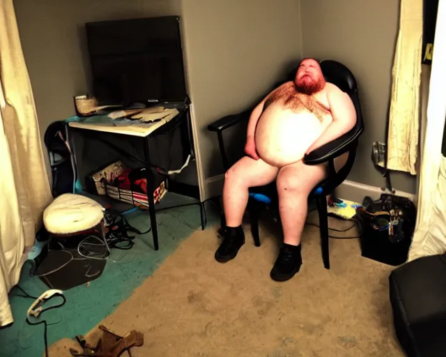 Image similar to dirty room, depression scene, very fat man in a gamer chair.