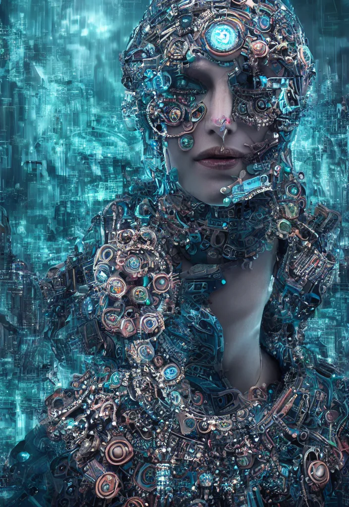 Image similar to mirtha legrand is last human alive un the planet. intricate jewelry. centered. digital art. hyperrealistic, hyperdetailed. apocaliptic. foggy. cyber punk 4 k octane render