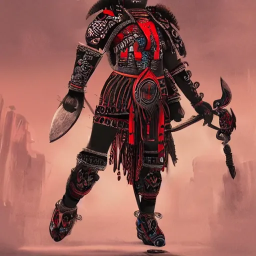 Image similar to maya warrior in a ornated armor preparing for war, full body, dynamic pose, red and black neon, concept art, intricate details, highly professionally detailed, cgsociety, highly detailed -