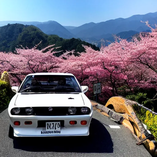 Image similar to photo of a dragon black polka dotted furred dragon driving a nissan hakosuka 2000 GTR down the cherry blossoming mt hakone