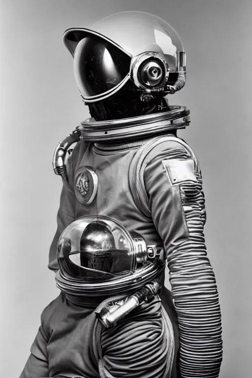Prompt: extremely detailed studio portrait of space astronaut, tentacle coming out of mouth, helmet is off, helmet i in lap, full body, soft light, golden glow, award winning photo by james van der zee