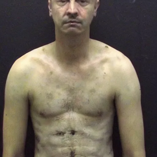 Image similar to inmate body with chicken face, mugshot in a police station