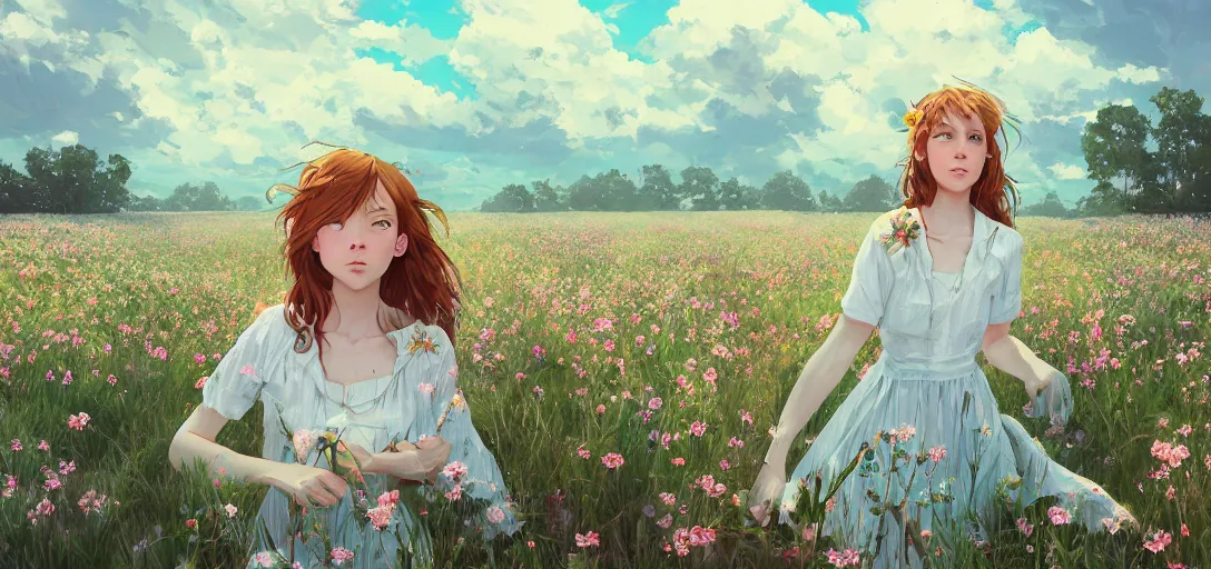 Image similar to a beautiful southern woman named Savannah, innocent, sad turquoise eyes, freckles, long ginger hair tied with white ribbon, relaxed in a field of flowers on a farm, gentle lighting, storm in the distance, somber, western clothing, dress, digital art by Makoto Shinkai ilya kuvshinov and Wojtek Fus, digital art, concept art,