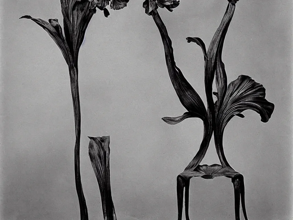 Image similar to flaming gothic chair in the shape of a iris flower. karl blossfeldt, salvador dali