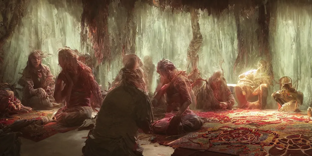 Image similar to grandma, ayahuasca ceremony, indoor organic shaman studio, red vines, serenity, spectral feel, octane render, photoreal, gaston bussiere, greg rutkowski, yoji shinkawa, yoshitaka amano, tsutomu nihei