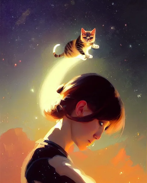 Image similar to a potrait of a space fanstasy cat, fine details. night setting. realistic shaded lighting poster by ilya kuvshinov katsuhiro, artgerm, jeremy lipkin and michael garmash, unreal engine, radiant light, detailed and intricate environment, digital art, trending on art station