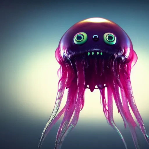 Prompt: a beautiful extreme wide photograph of a super cute jellyfish monster with huge sad eyes and sharp fangs in a wide open mouth, highly detailed, smooth, very very clean, 8 k, cinematic movie photograph, cinematic lighting, octane render, zbrush central contest winner, 3 d maya render