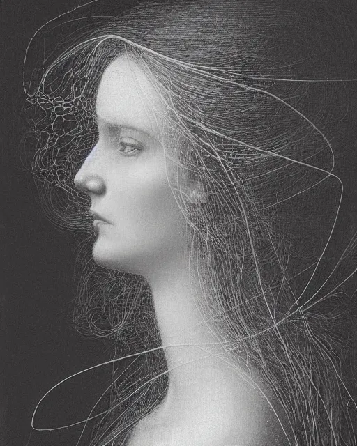 Prompt: a woman's face in profile, long flowing hair entwined in intricate decorative cobwebs, in the style of the dutch masters and gregory crewdson, dark and moody