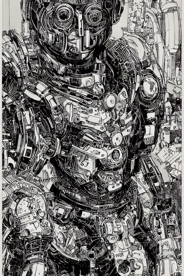 Image similar to comic book illustration, portrait of Machine Man, concept art by Barry Windsor-Smith, highly detailed, intricate, sci-fi, sharp focus, Trending on Artstation HQ, deviantart