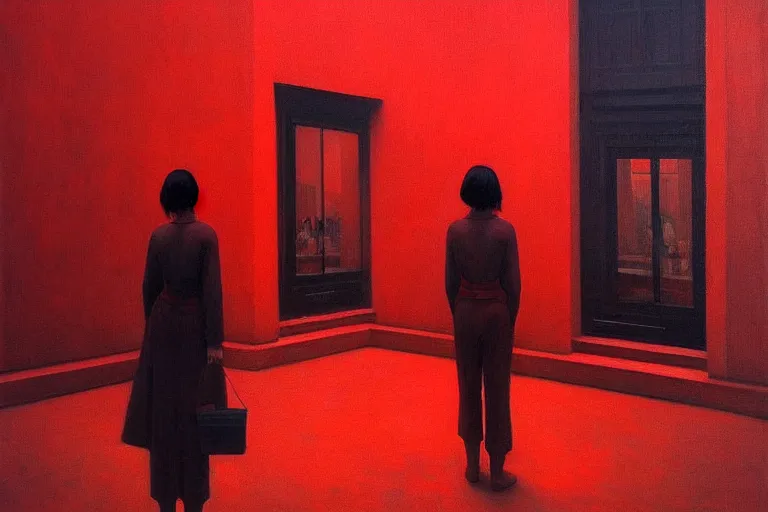 Image similar to only with red, crowd cheering at the sight of a painting, in a city square, in the style of beksinski, parts by edward hopper, parts by rodcenko, parts by yue minjun, intricate and epic composition, red by caravaggio, insanely quality, highly detailed, masterpiece, red light, artstation, 4 k