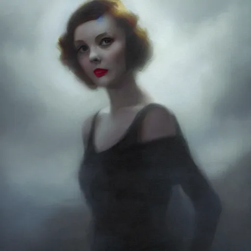 Prompt: a closeup portrait of a young vivian leigh, 1 9 2 0 s city background, gorgeous view, sunset, film noir, depth, by seb mckinnon, by greg rutkowski, by igor kieryluk, digital art, trending on artstation