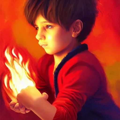 Prompt: colorful and festive captivating young child boy, brown fluffy hair, wearing red and yellow clothes, shooting a fire sphere out of his fist. full body, rich vivid colors, ambient lighting, dynamic lighting, 4 k, atmospheric lighting, painted, intricate, highly detailed by charlie bowater