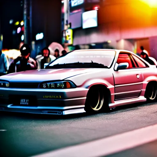 Image similar to a car Nissan Silvia at illegal car meet, Shibuya prefecture, city sunset, cinematic color, photorealistic, highly detailed