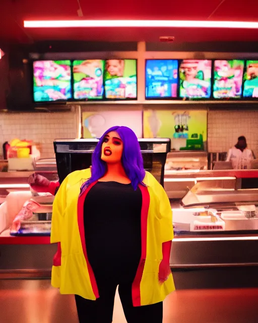 Prompt: film still of obese 3 0 0 - pound kylie jenner as a mcdonald's worker, vibrant high contrast, octane, arney freytag, cinematic, portrait, backlit, rim lighting, 8 k