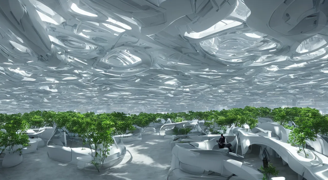 Image similar to futuristic open office with parks and plants, glowing computer screens, made with glossy white plastic and large windows and voluminous light and light rays, extremely intricate, very detailed, in style of zaha hadid, artstation, octane render, cinematic lighting