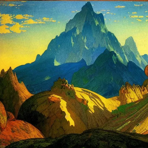 Prompt: to most happy mountain in the world, astral appearance, sublime, colorful, light shafts, dramatic light, by august malmstrom, russian painters, mucha, yoshitaka amano, global illumination, rule of thirds, perfect central composition.