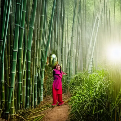 Image similar to A mother came out of the bamboo forest with her child in her arms, surrounded by a group of women, with a ball of light behind the mother and a bamboo forest full of fog as background.