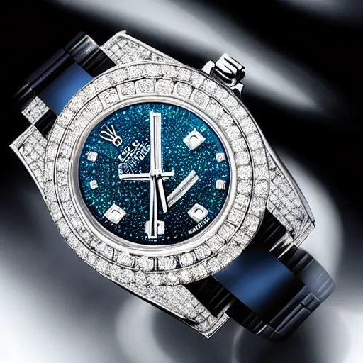 Image similar to futuristic rolex watch blinged out with gems from other worlds