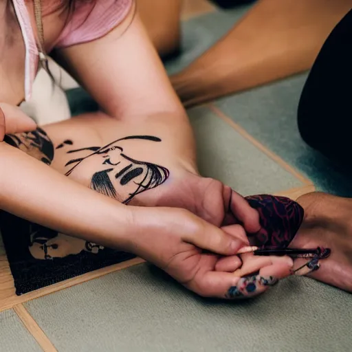 Image similar to woman getting tattoo traditional japanese on floor with old man tattooing photorealistic high detail