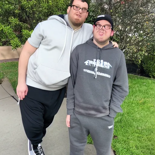Image similar to Rocco Botte wearing gray sweatshirt and gray sweatpants and white sneakers on a suburban residential street