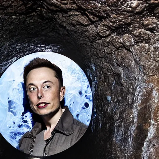 Image similar to photo inside a cavern of a wet reptilian humanoid rapper elon musk partially hidden behind a rock, with black eyes, open mouth and big teeth