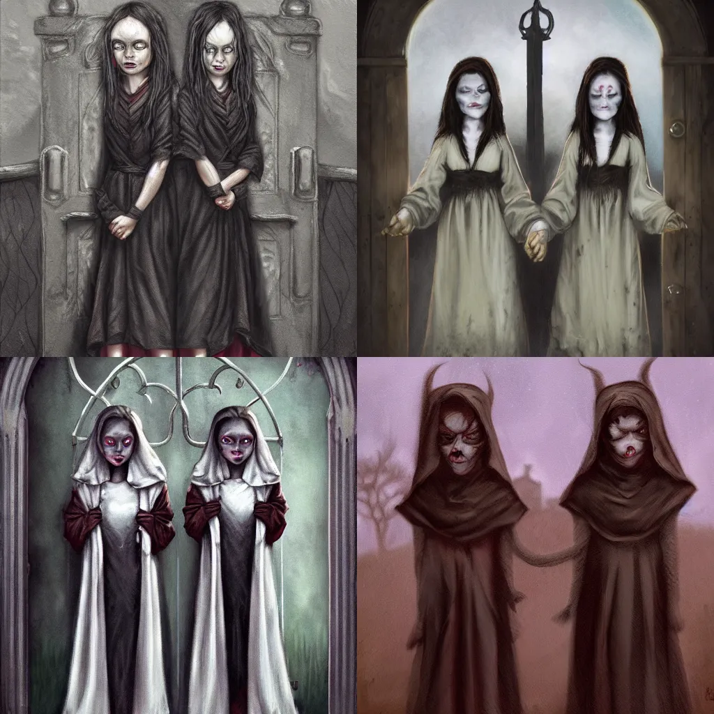 Prompt: a dark fantasy render of female siamese twins wearing dark tattered robes standing at the gate to a haunted mansion, by aaron jasinski and abraham mintchine, 8k, 4, trending on artstation