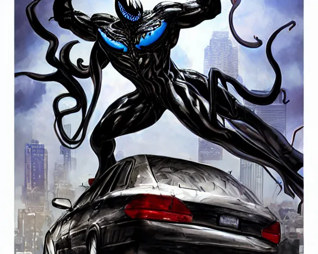 Prompt: Venom standing on top of a wrecked car in the city art by Clayton Crain, Javier Garron and Gerardo Sandoval, Ultra detailed, hyper realistic,